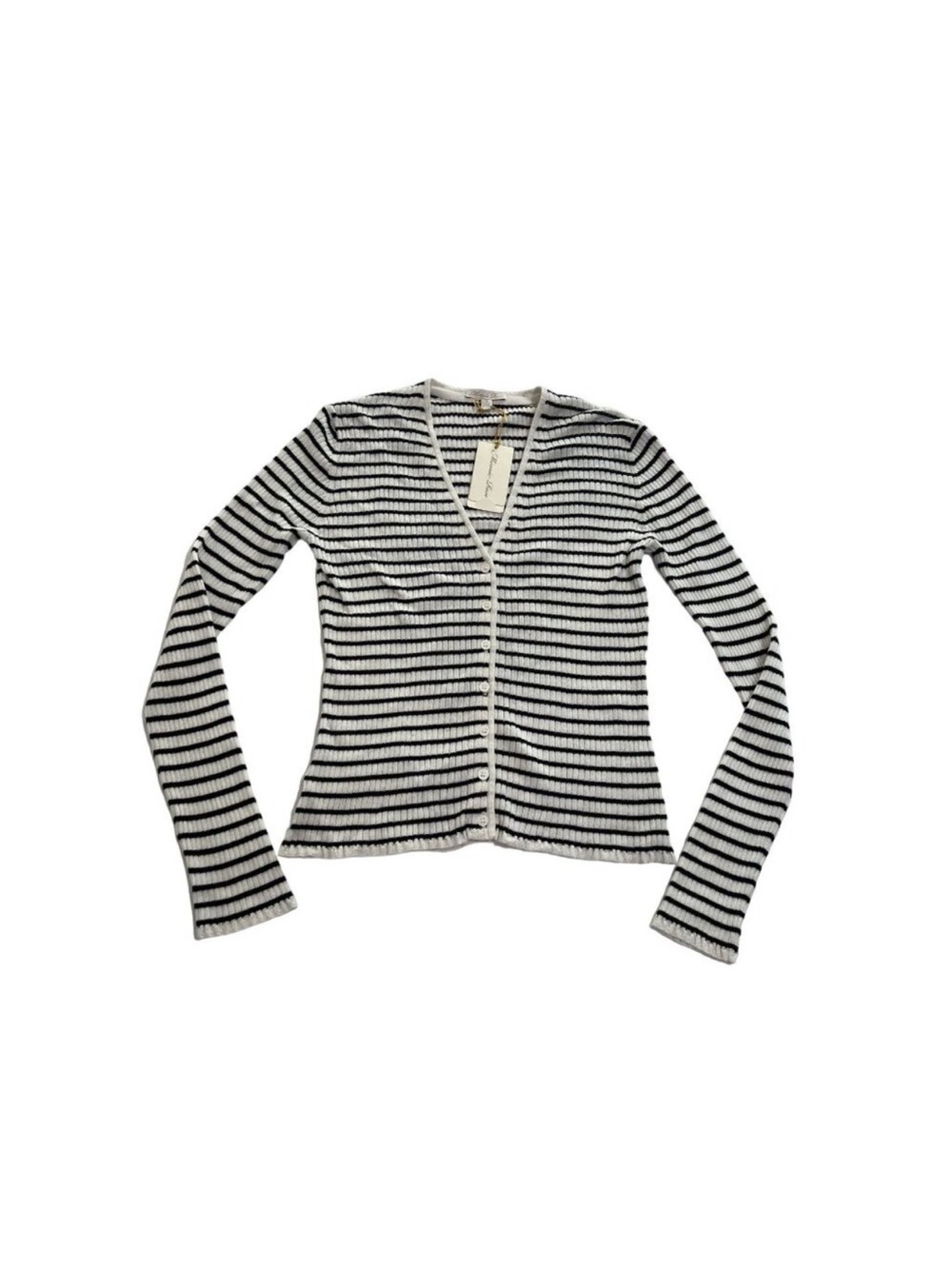 MINNIE ROSE Black and White Striped Ribbed Cardigan | S